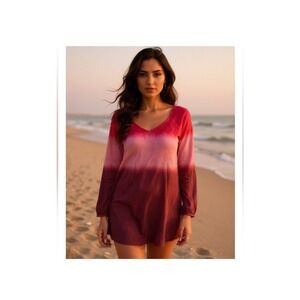 Soft Surroundings‎ Plus 1X Pink Purple Ombre Dip Dye Crinkle Tunic V Neck